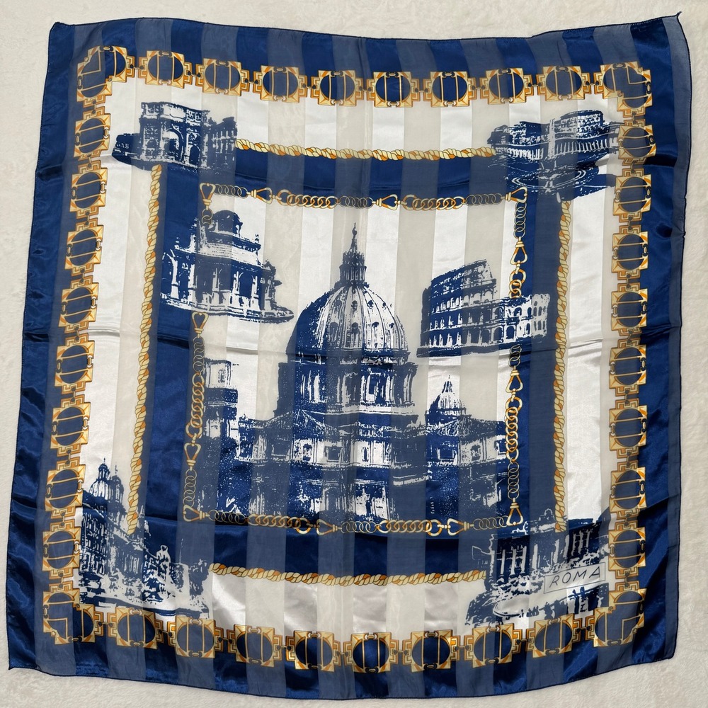 Unbranded Square Scarf Womens OS Blue White‎ Roma Italy Landmark Chain Print 34"